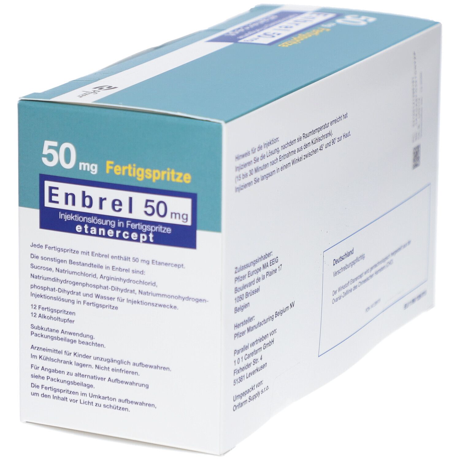 Karton mit Produktaufdruck: Enbrel 50 mg Fertigspritze. Blaue und weiße Farbgebung. Pfizer-Logo.