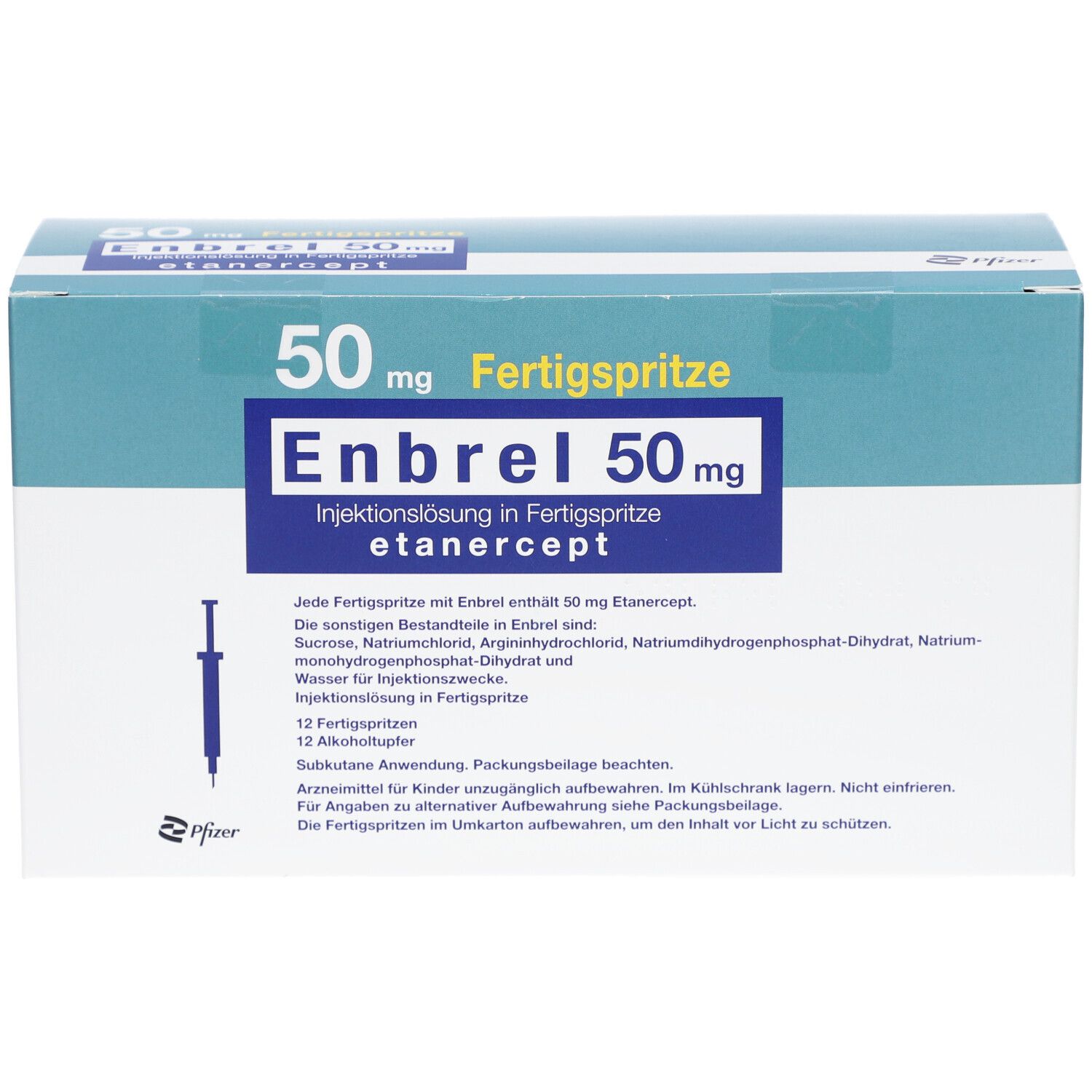 Karton mit Produktaufdruck: Enbrel 50 mg Fertigspritze. Blaue und weiße Farbgebung. Pfizer-Logo.