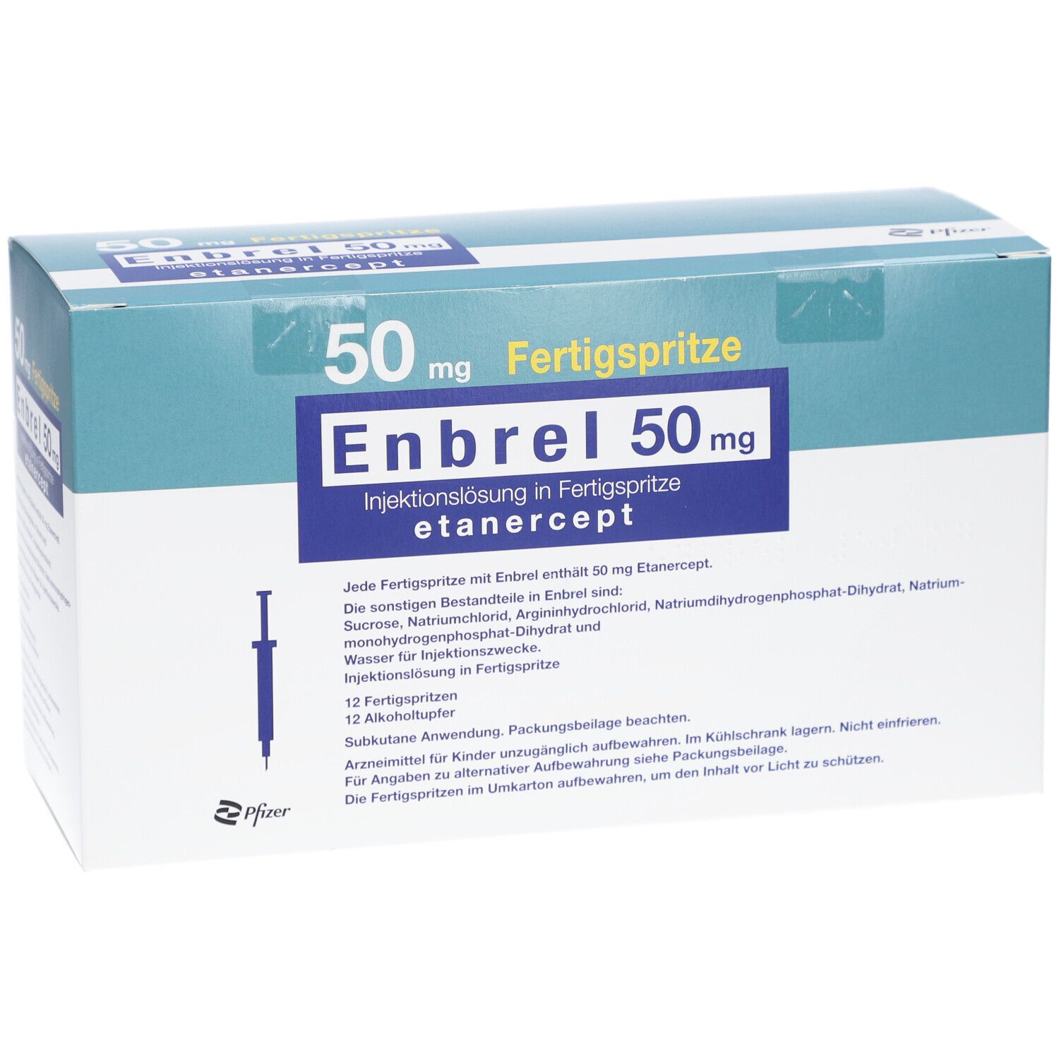 Karton mit Produktaufdruck: Enbrel 50 mg Fertigspritze. Blaue und weiße Farbgebung. Pfizer-Logo.