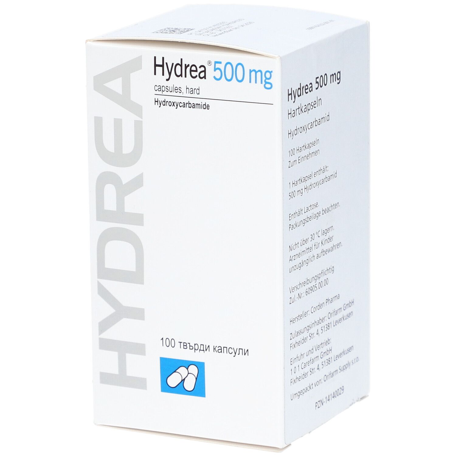 Weiße Schachtel mit HYDREA 500 mg Hartkapseln. Aufschrift: 100 Hartkapseln. Enthält Hydroxycarbamid. Blaue Grafik mit Kapseln.