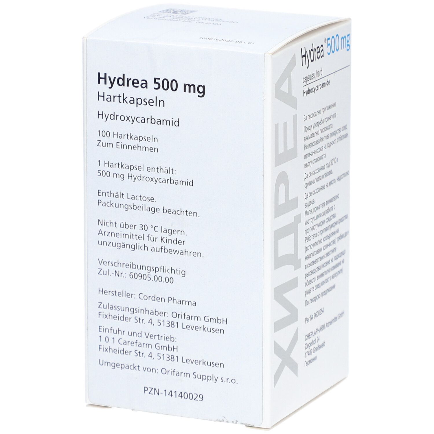 Weiße Schachtel mit HYDREA 500 mg Hartkapseln. Aufschrift: 100 Hartkapseln. Enthält Hydroxycarbamid. Herstellerinformationen.