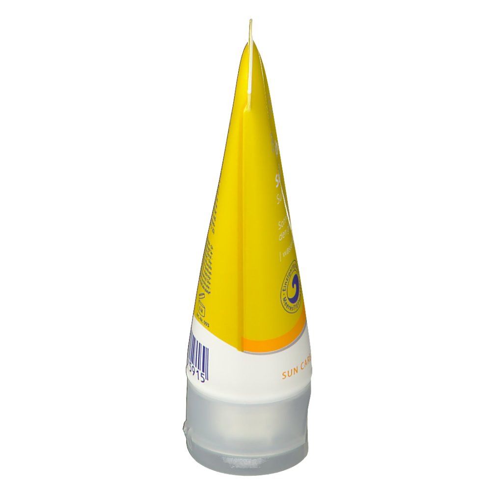Gelbe, spitz zulaufende Tube. Rückseite mit Text und Barcode. Transparenter Verschluss.