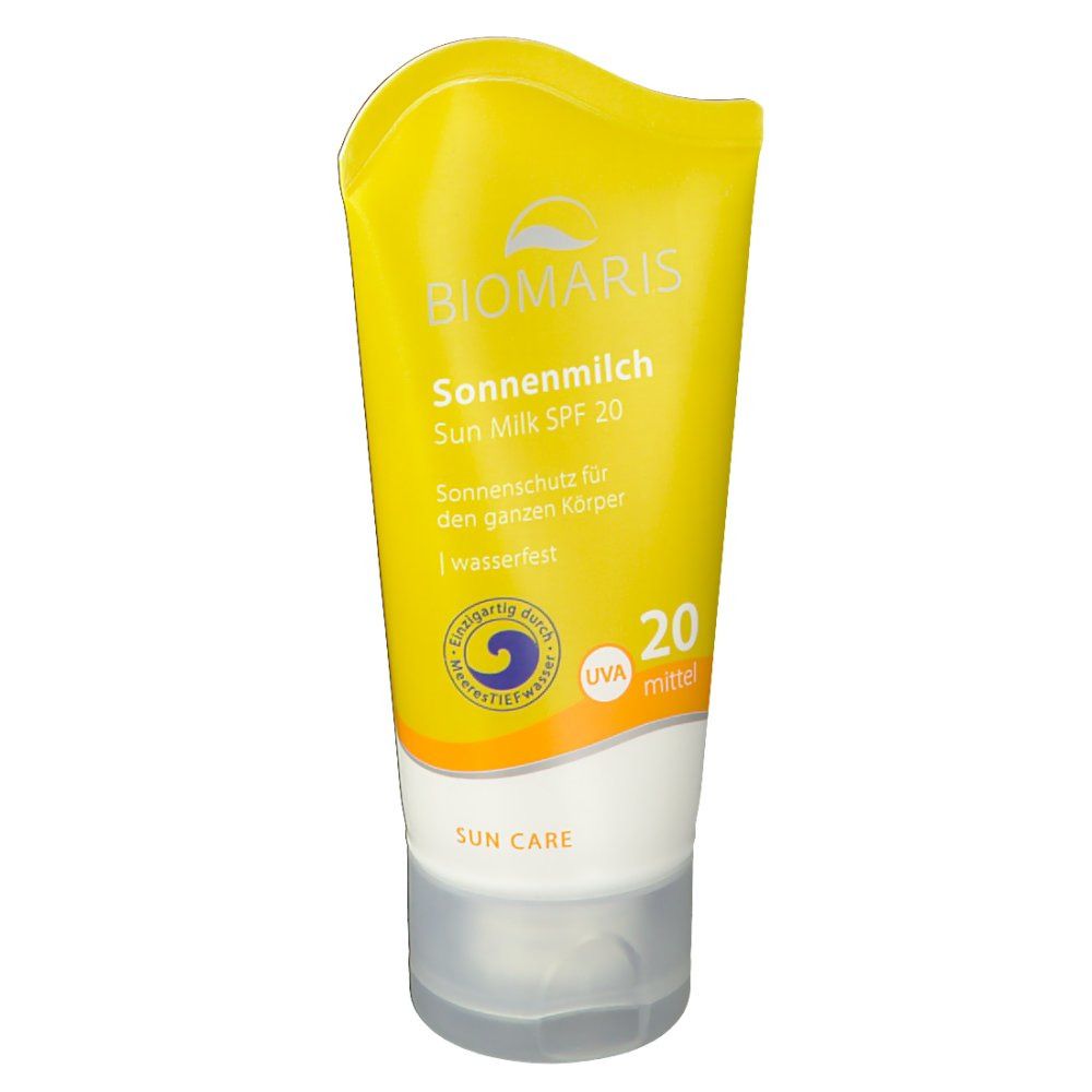 Gelbe Tube mit weißem Boden. Aufschrift: BIOMARIS, Sonnenmilch LSF 20. Mit UVA-Zeichen und wasserfest.