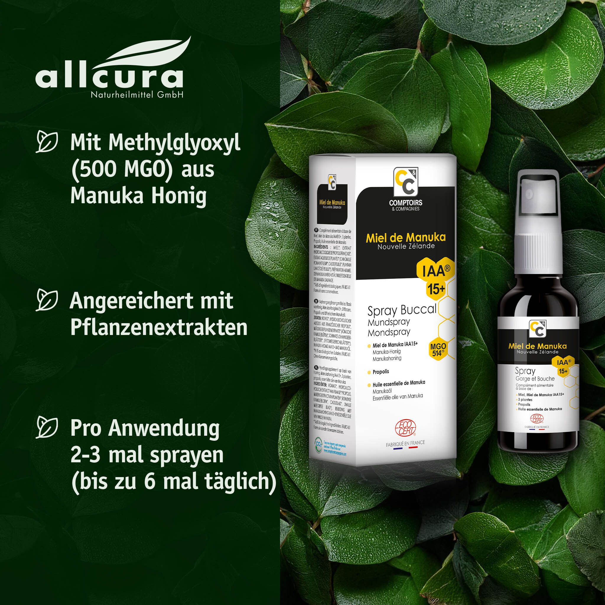 Produktverpackung und Flasche. Aufschrift: Allcura, Miel de Manuka, Spray Buccal, IAA 15+.