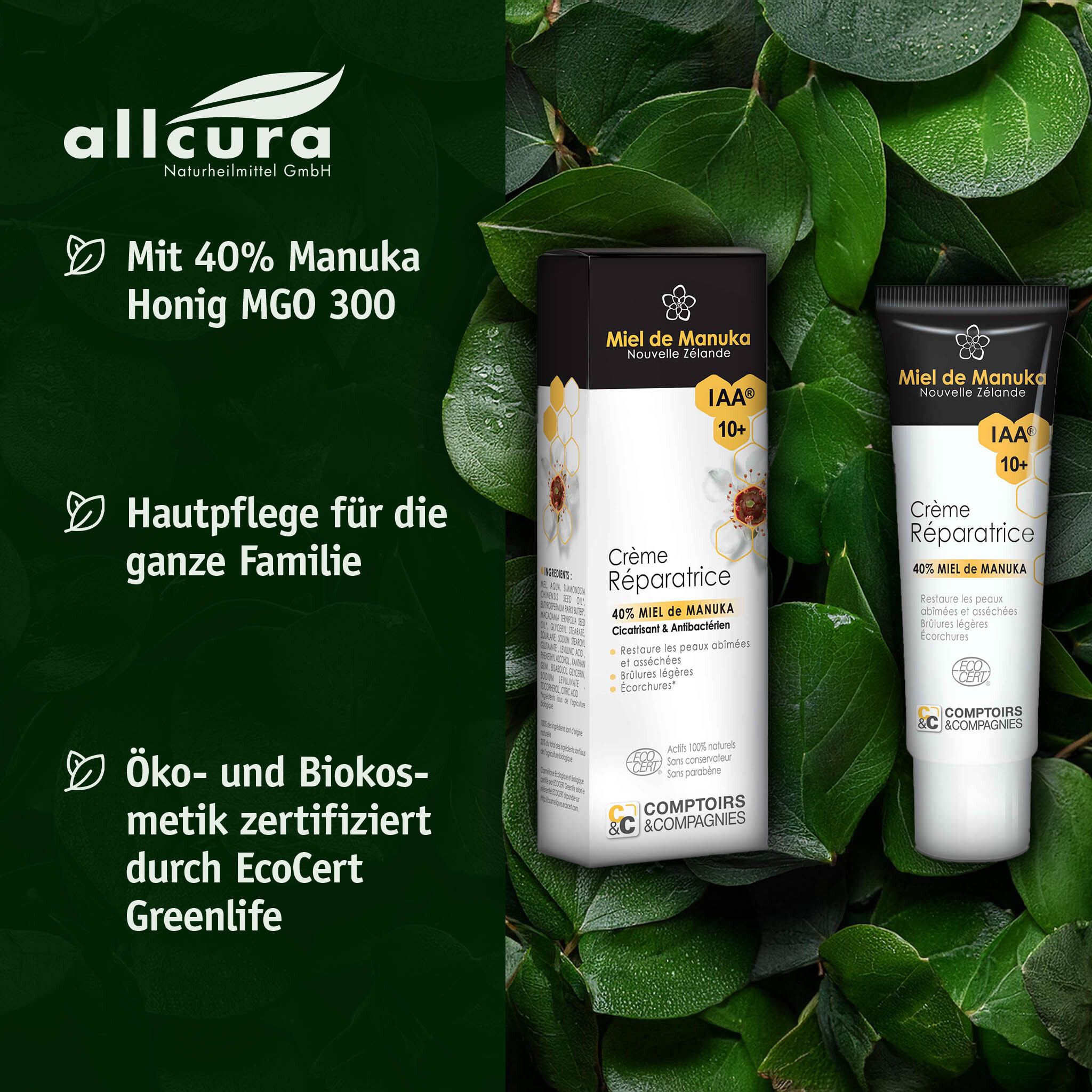 Zwei Produkte: Creme-Tube und -Schachtel mit „Miel de Manuka“. Aufschrift: 40% Manuka Honig. Grünpflanzen-Hintergrund.