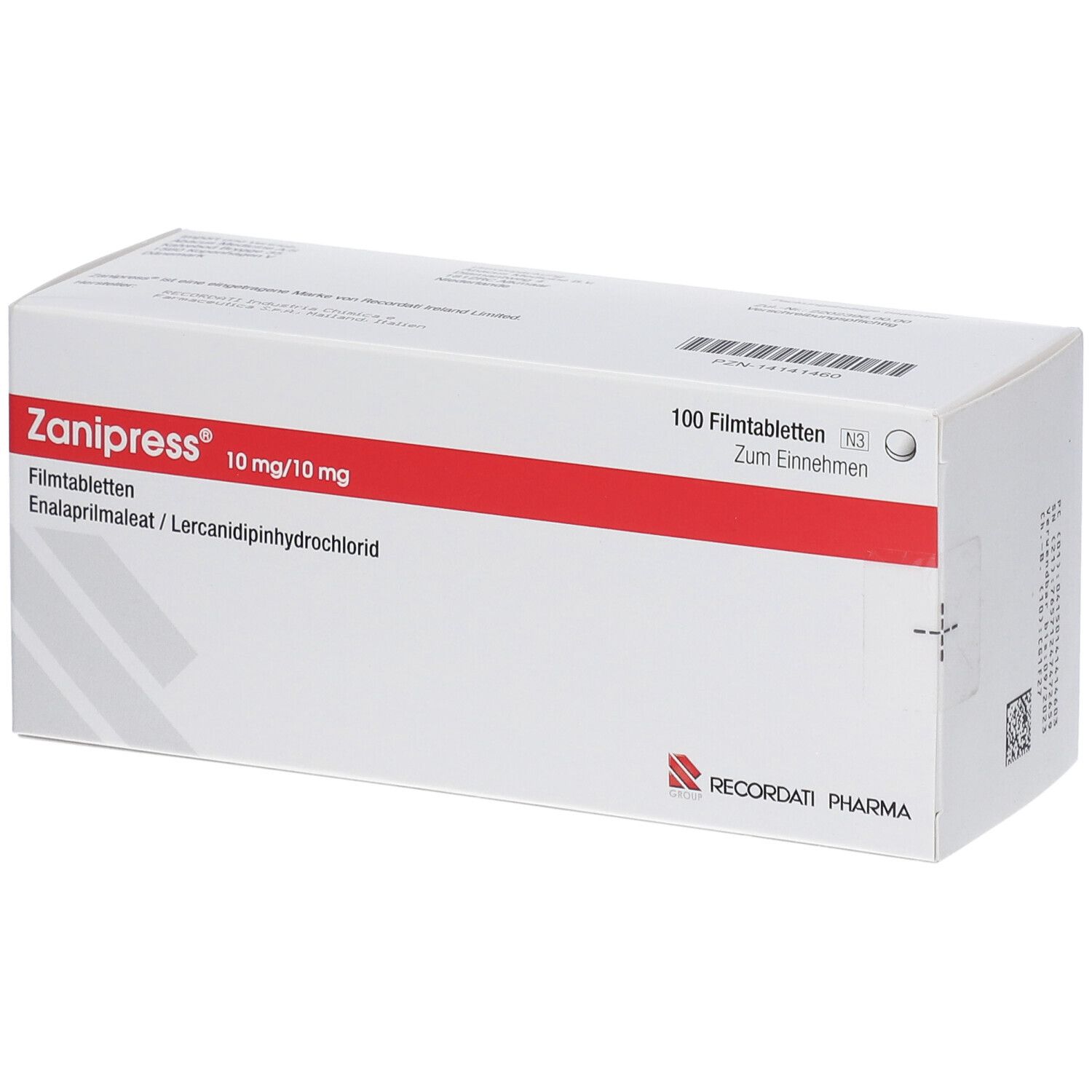 Schachtel mit ZANIPRESS 10 mg/10 mg Filmtabletten. Rote und weiße Verpackung mit Produktinformationen und RECORDATI PHARMA Logo.