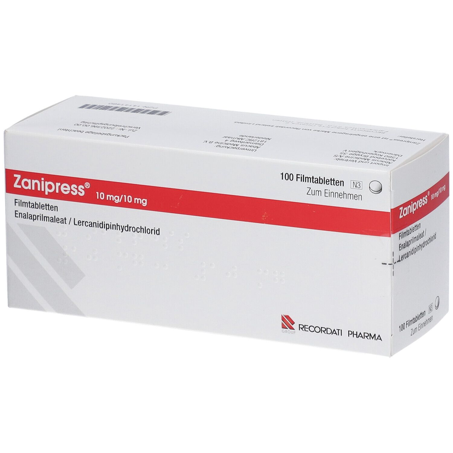 Schachtel mit ZANIPRESS 10 mg/10 mg Filmtabletten. Rote und weiße Verpackung mit Produktinformationen und RECORDATI PHARMA Logo.