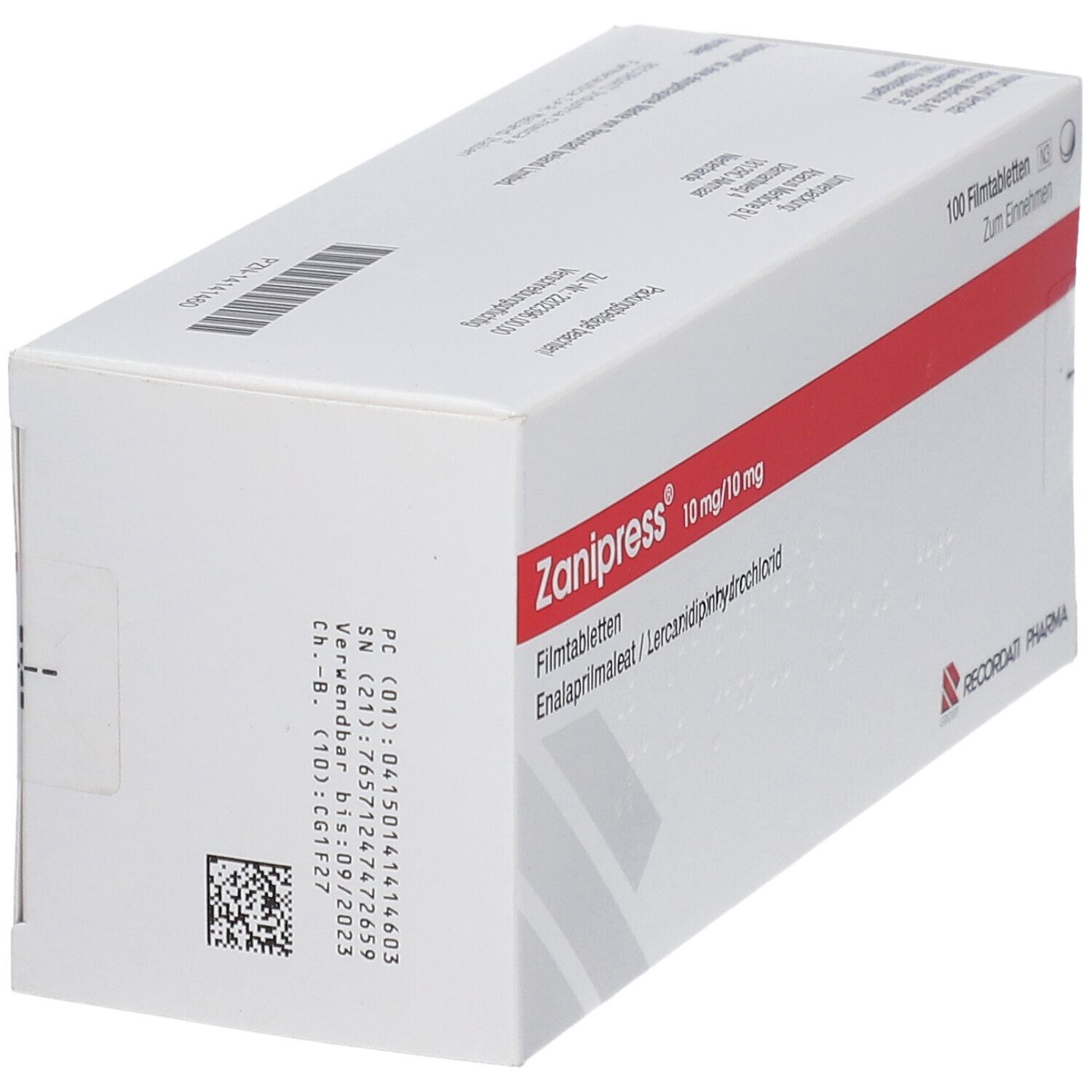 Schachtel mit ZANIPRESS 10 mg/10 mg Filmtabletten. Rote und weiße Verpackung mit Produktinformationen und RECORDATI PHARMA Logo.