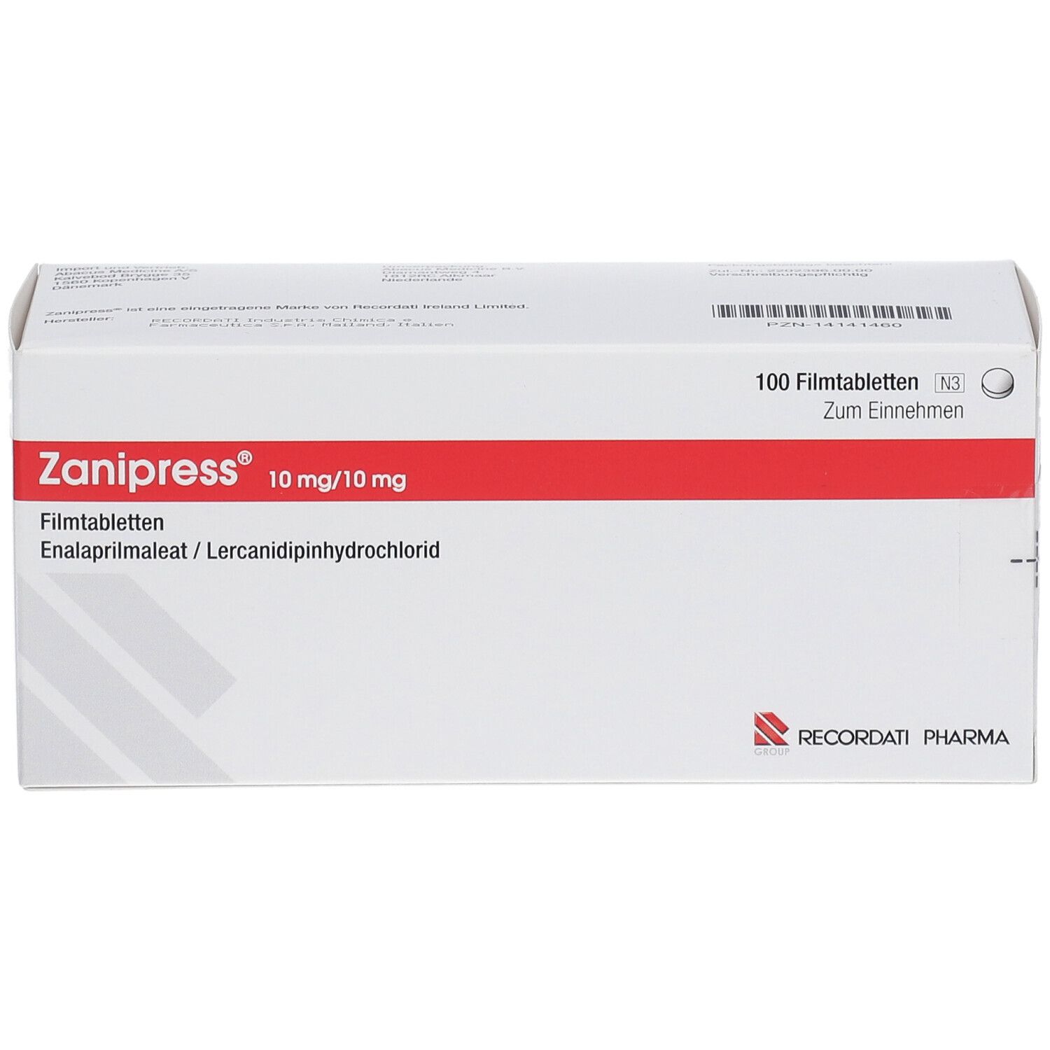 Schachtel mit ZANIPRESS 10 mg/10 mg Filmtabletten. Rote und weiße Verpackung mit Produktinformationen und RECORDATI PHARMA Logo.