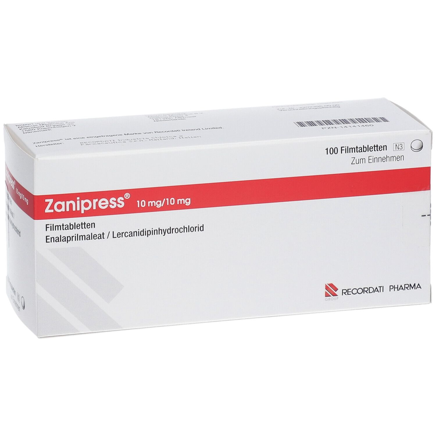 Schachtel mit ZANIPRESS 10 mg/10 mg Filmtabletten. Rote und weiße Verpackung mit Produktinformationen und RECORDATI PHARMA Logo.