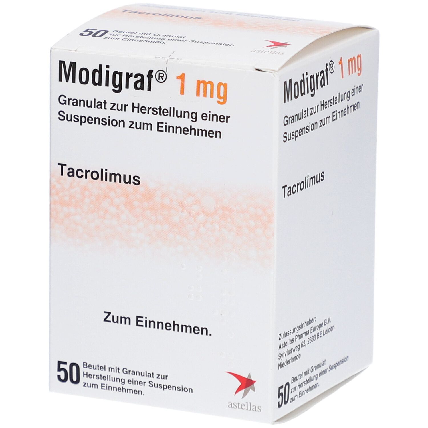 Weiße Faltschachtel mit "Modigraf 1 mg". Text: Granulat zur Herstellung einer Suspension zum Einnehmen. 50 Beutel.