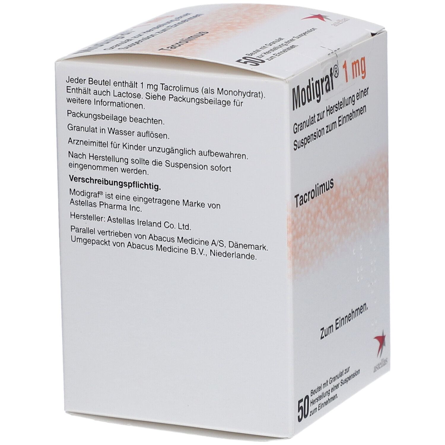 Weiße Faltschachtel mit Text. Enthält 1 mg Tacrolimus. Text: Granulat in Wasser auflösen. Verschreibungspflichtig.
