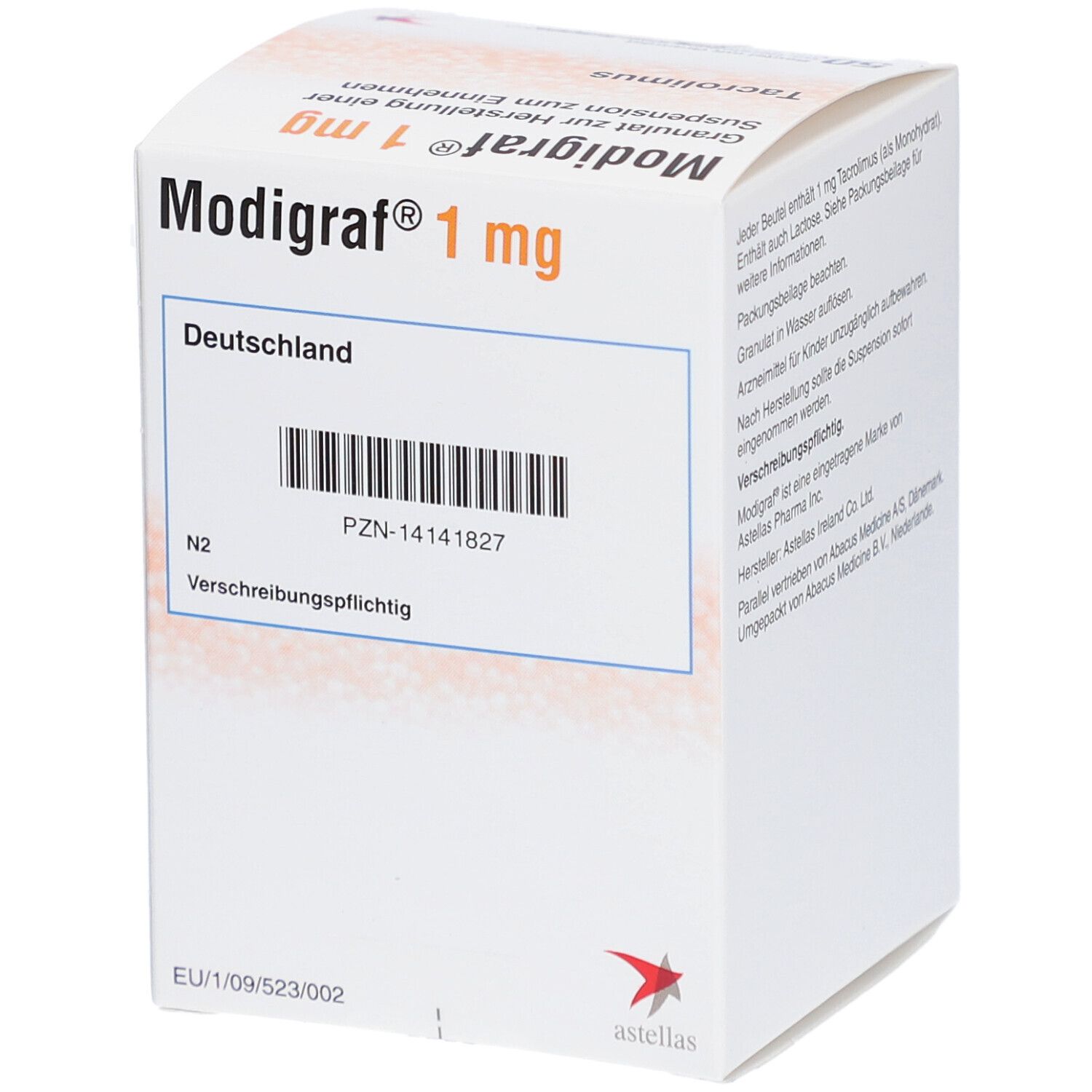 Weiße Faltschachtel mit Text und Barcode. Text: "Modigraf 1 mg". PZN-14141827. Verschreibungspflichtig. EU-Kennzeichnung.