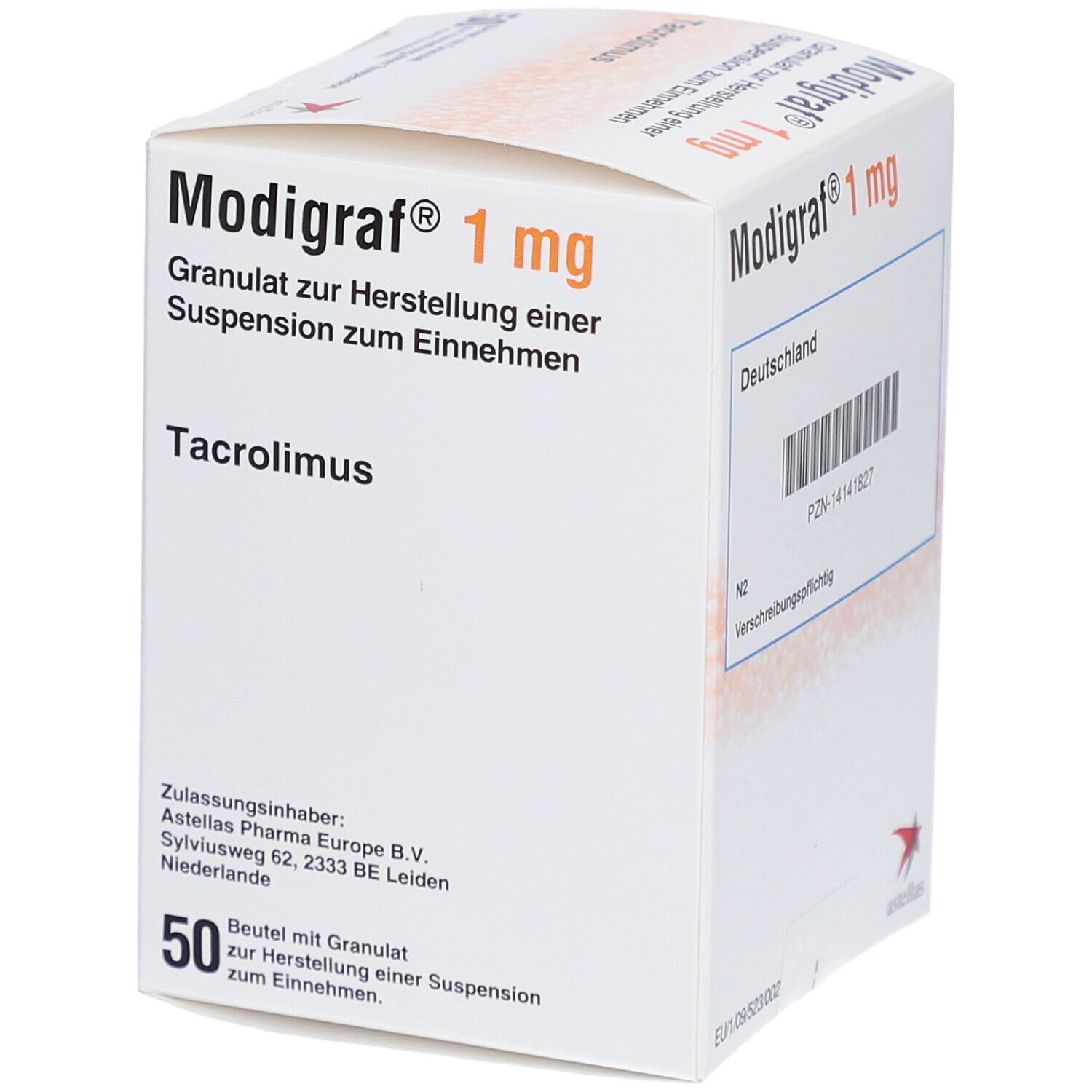 Weiße Faltschachtel mit Text. "Modigraf 1 mg". Text: Granulat zur Herstellung einer Suspension zum Einnehmen. 50 Beutel.