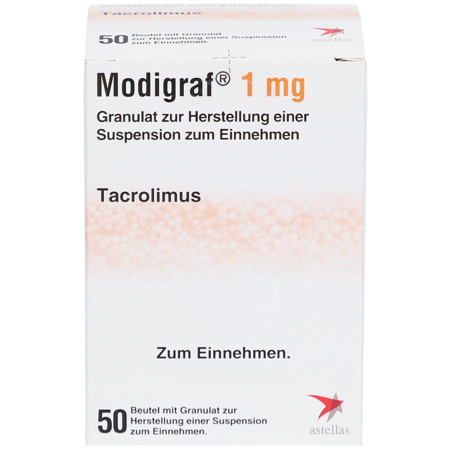 Weiße Faltschachtel mit Text. "Modigraf 1 mg". Text: Granulat zur Herstellung einer Suspension zum Einnehmen. 50 Beutel.
