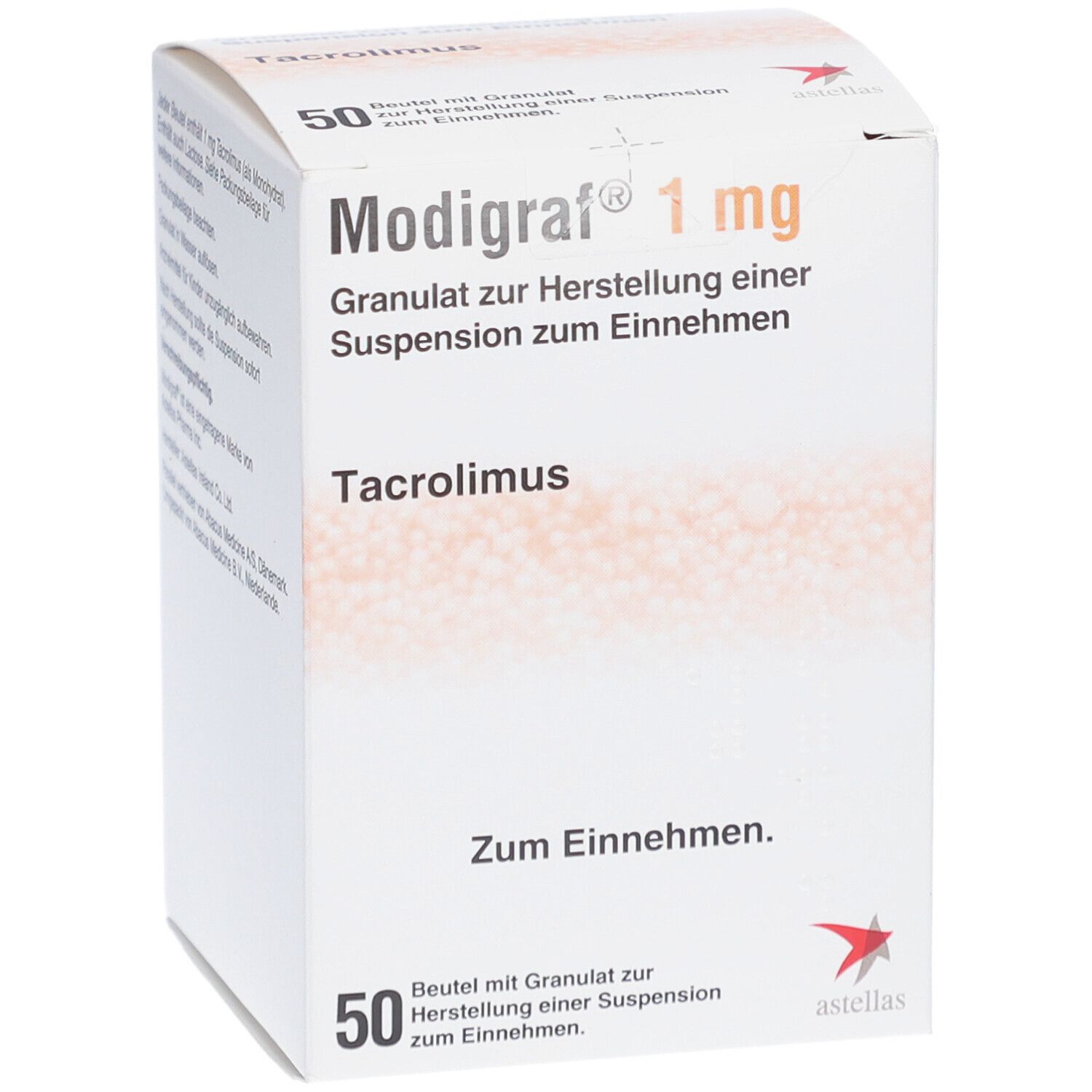 Weiße Faltschachtel mit Text. "Modigraf 1 mg". Text: Granulat zur Herstellung einer Suspension zum Einnehmen. 50 Beutel.
