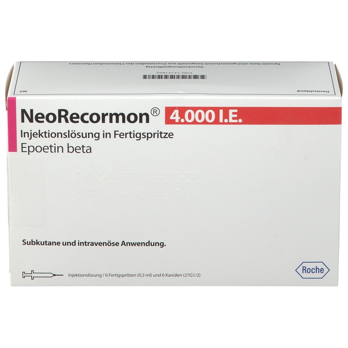 Karton NeoRecormon 4.000 I.E. Fertigspritze. Aufschrift: Epoetin beta. Subkutane und intravenöse Anwendung. Roche Logo.