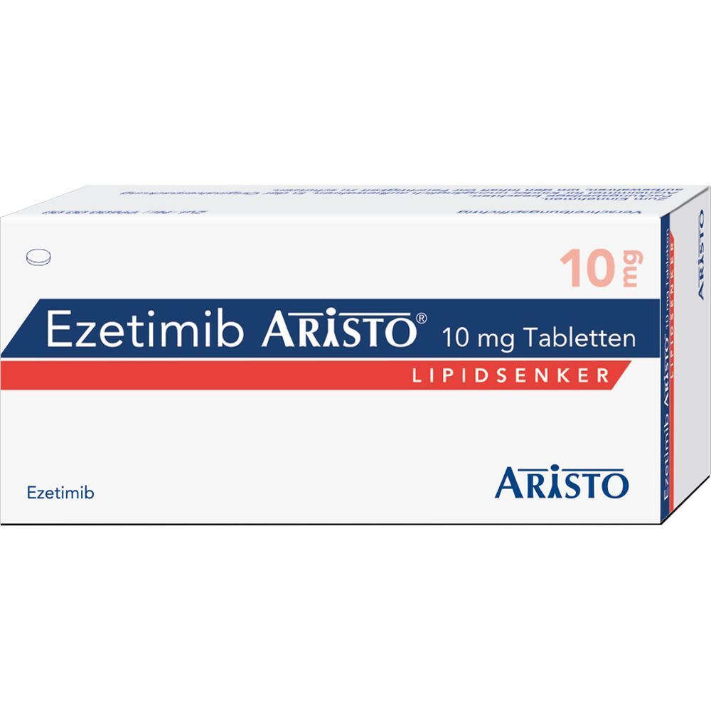 Schachtel mit Ezetimib Aristo® 10 mg Tabletten. Blaue, rote und weiße Verpackung mit Produktnamen und Dosierung.