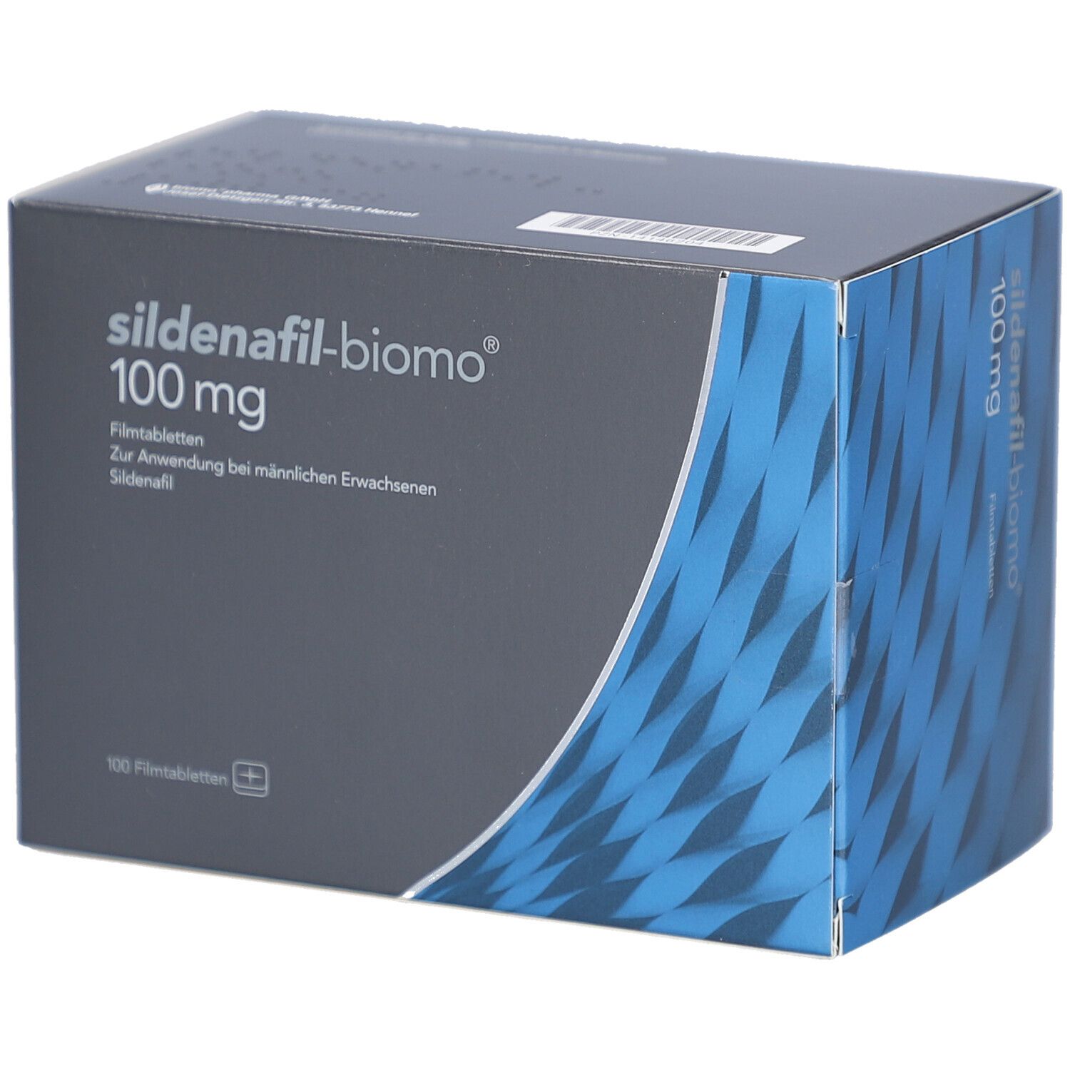 Schachtel mit SILDENAFIL-biomo 100 mg Filmtabletten. Graue Vorderseite mit blauer Welle und Produktinformationen.