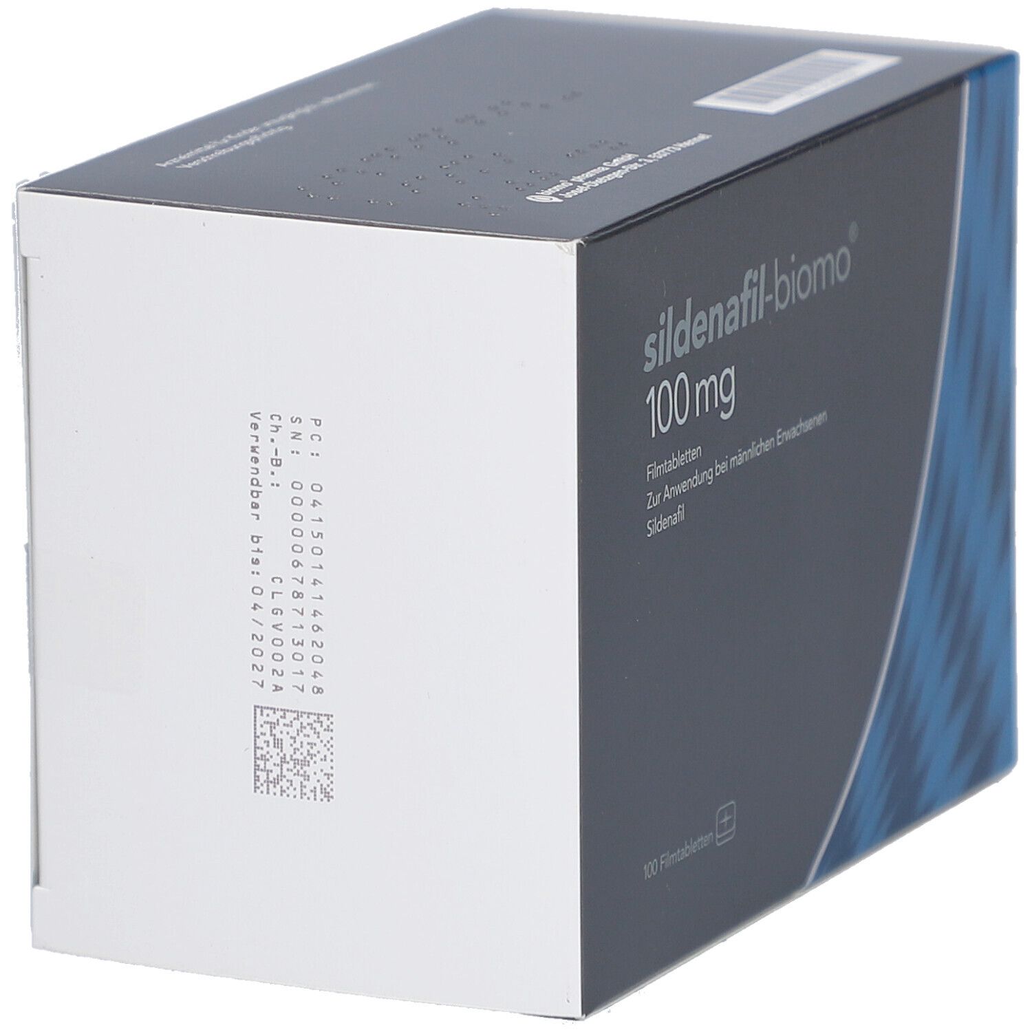 Schachtel SILDENAFIL-biomo 100 mg. Rückseite mit Informationen und Barcode. Weiße und graue Flächen.