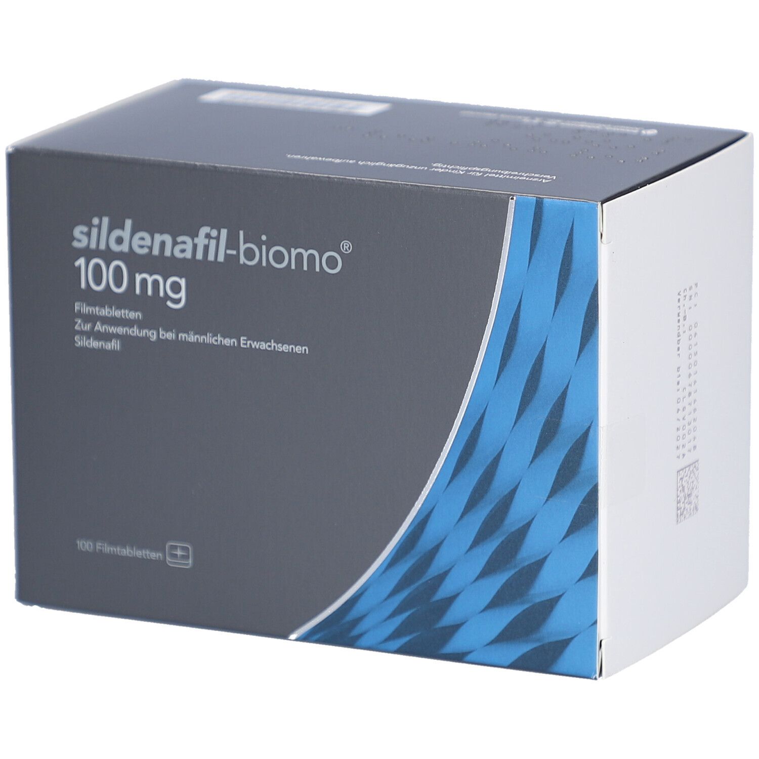 Schachtel SILDENAFIL-biomo 100 mg. Graue Vorderseite mit blauer Welle und Produktinformationen.