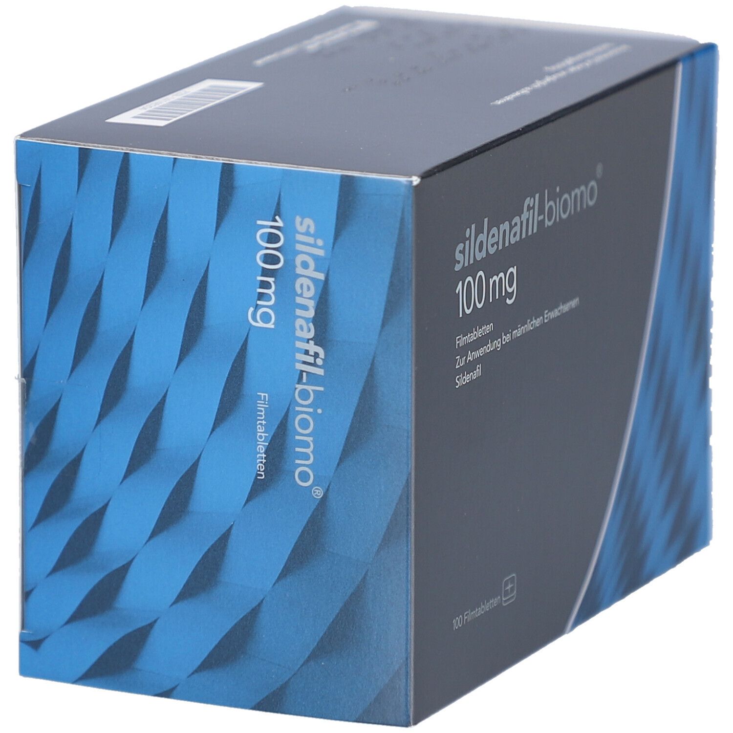 Schachtel SILDENAFIL-biomo 100 mg. Graue Vorderseite mit blauer Welle und Produktinformationen.