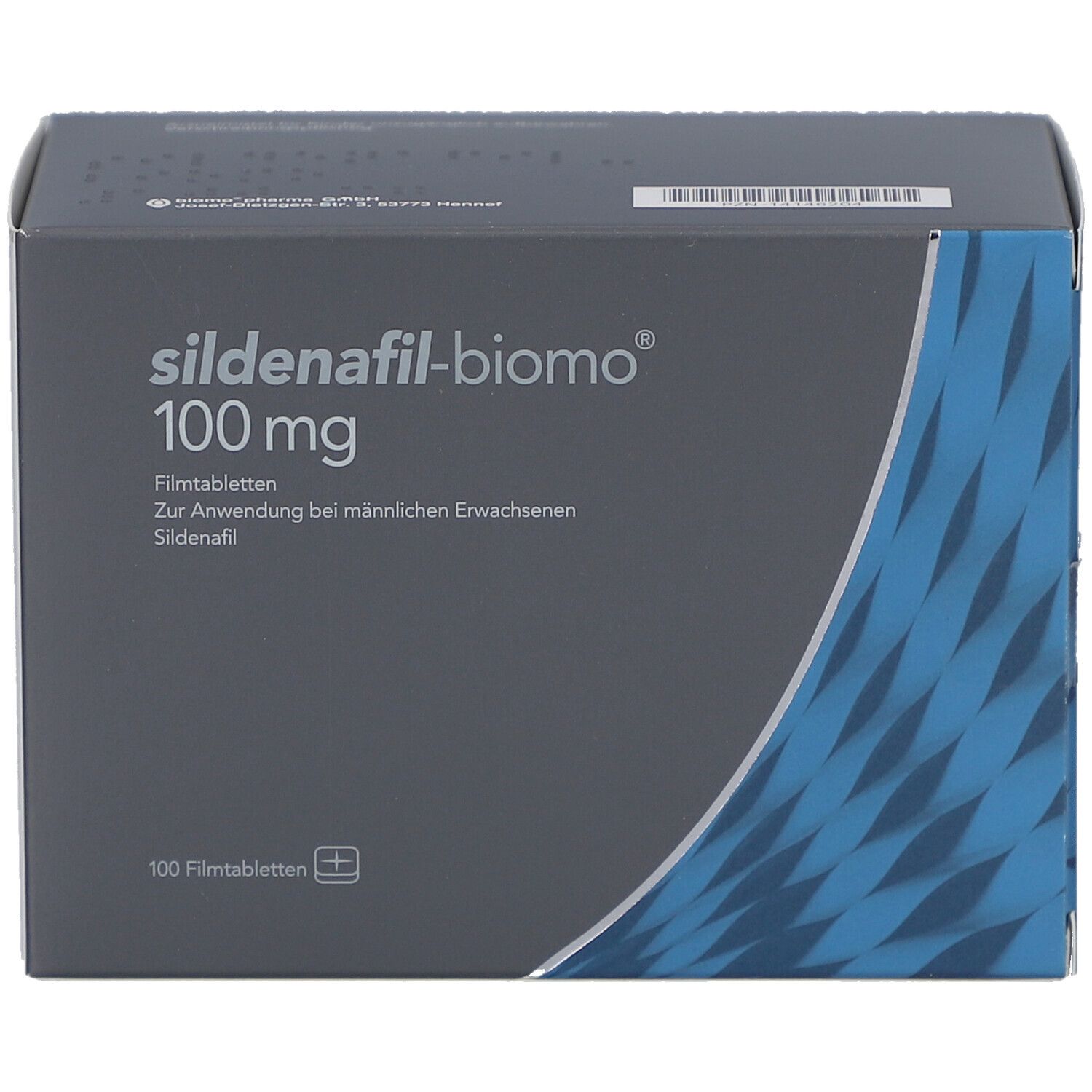 Schachtel SILDENAFIL-biomo 100 mg. Graue Vorderseite mit Produktinformationen und weißem Hintergrund.