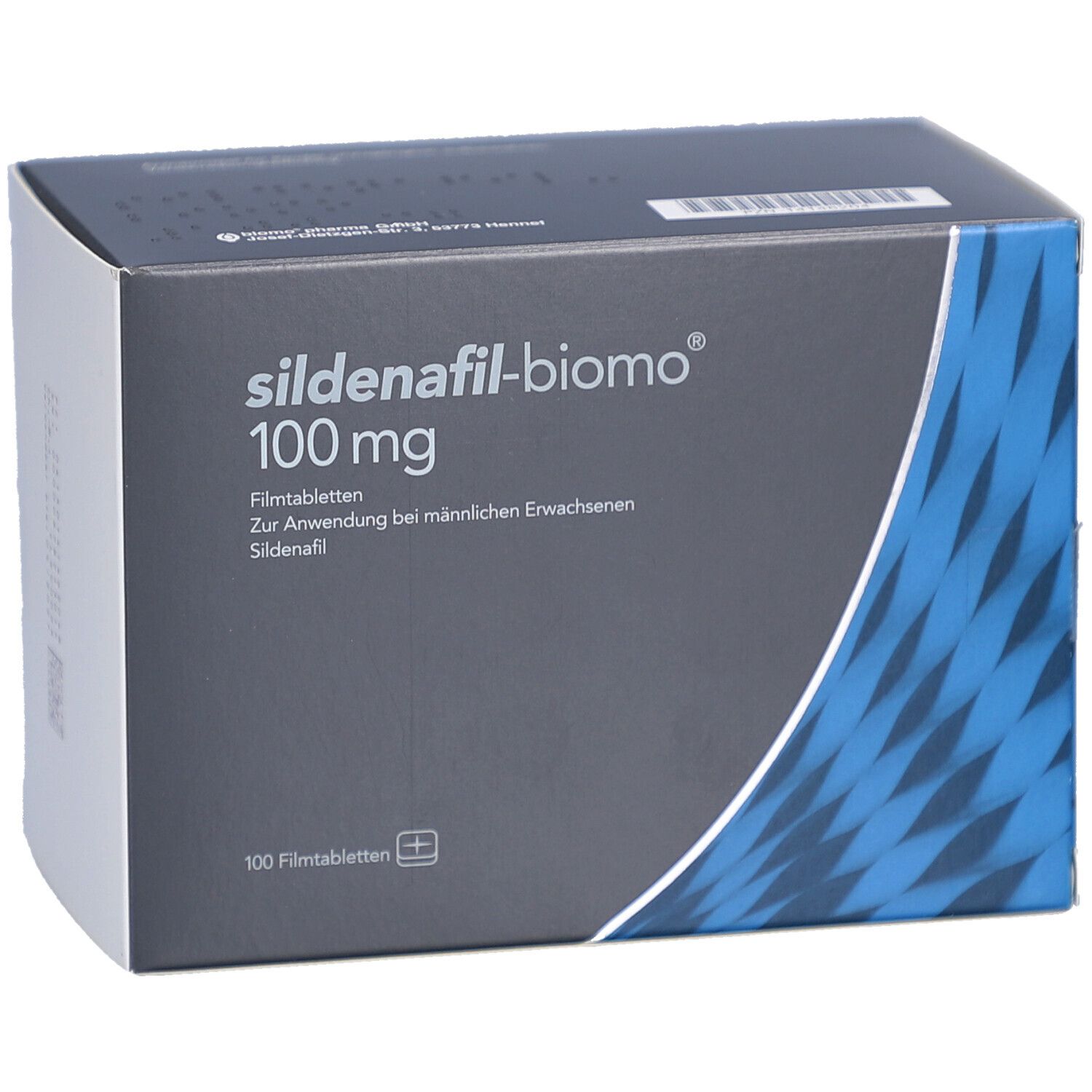 Schachtel SILDENAFIL-biomo 100 mg. Graue Vorderseite mit Produktinformationen und weißem Hintergrund.