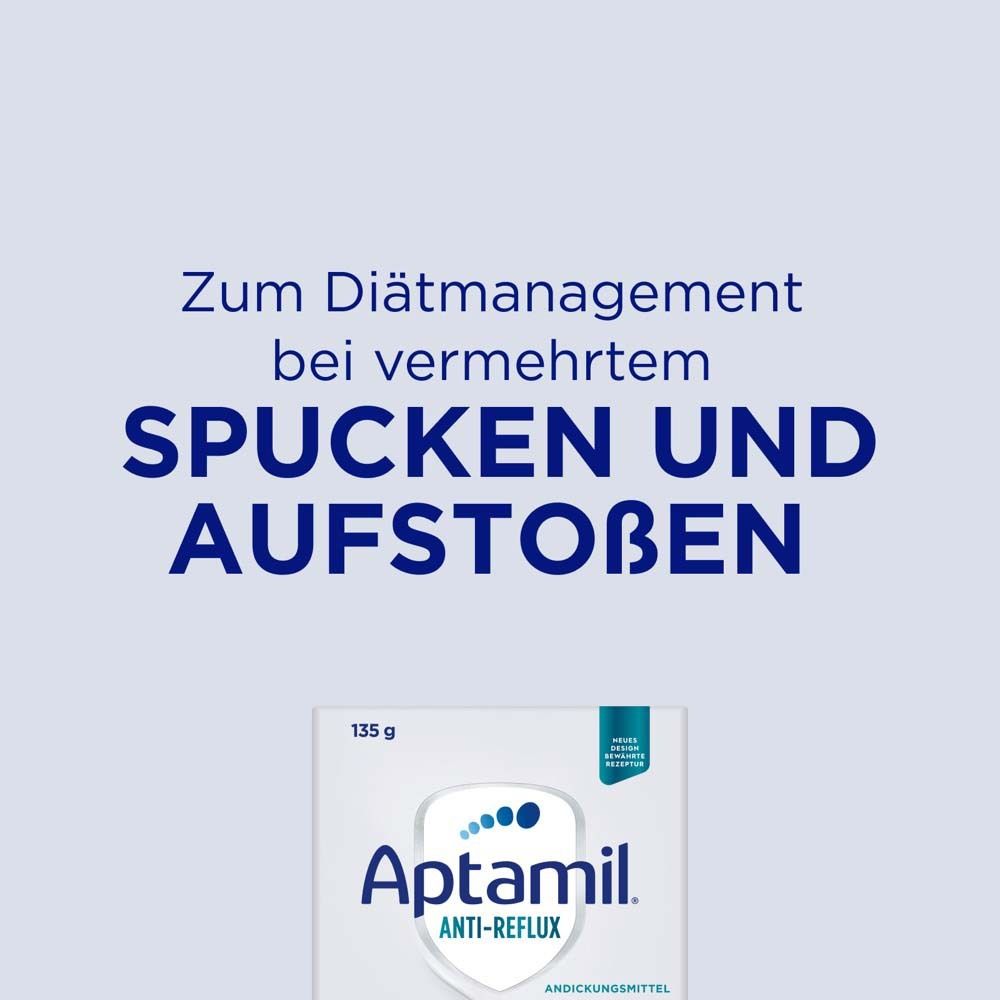 Text: Zum Diätmanagement bei vermehrtem Spucken und Aufstoßen. Aptamil Anti-Reflux Packung im Hintergrund.