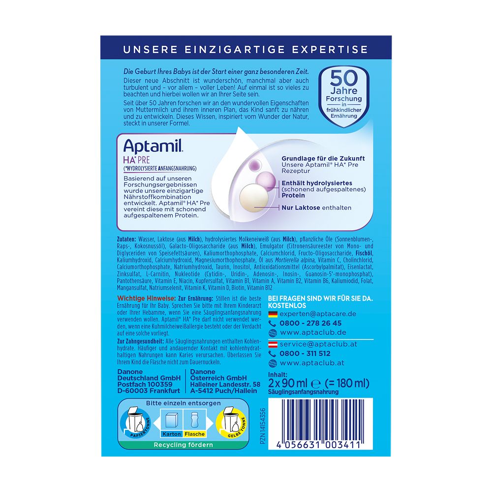 Aptamil HA Pre Verpackung. Rückseite mit Produktinformationen und Text auf blauem Hintergrund.