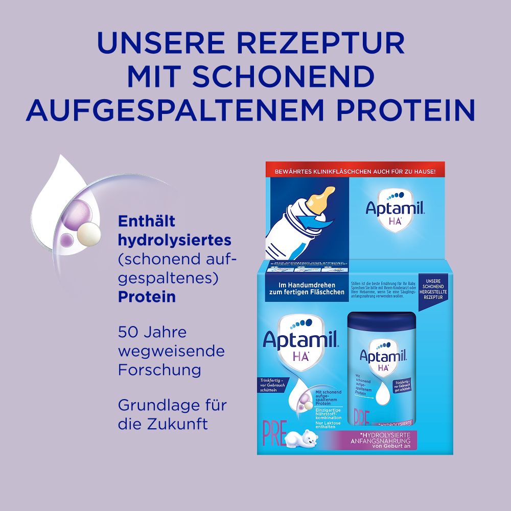 Aptamil HA Pre Verpackung. Produktabbildung und Text auf lila Hintergrund. Babyflasche.