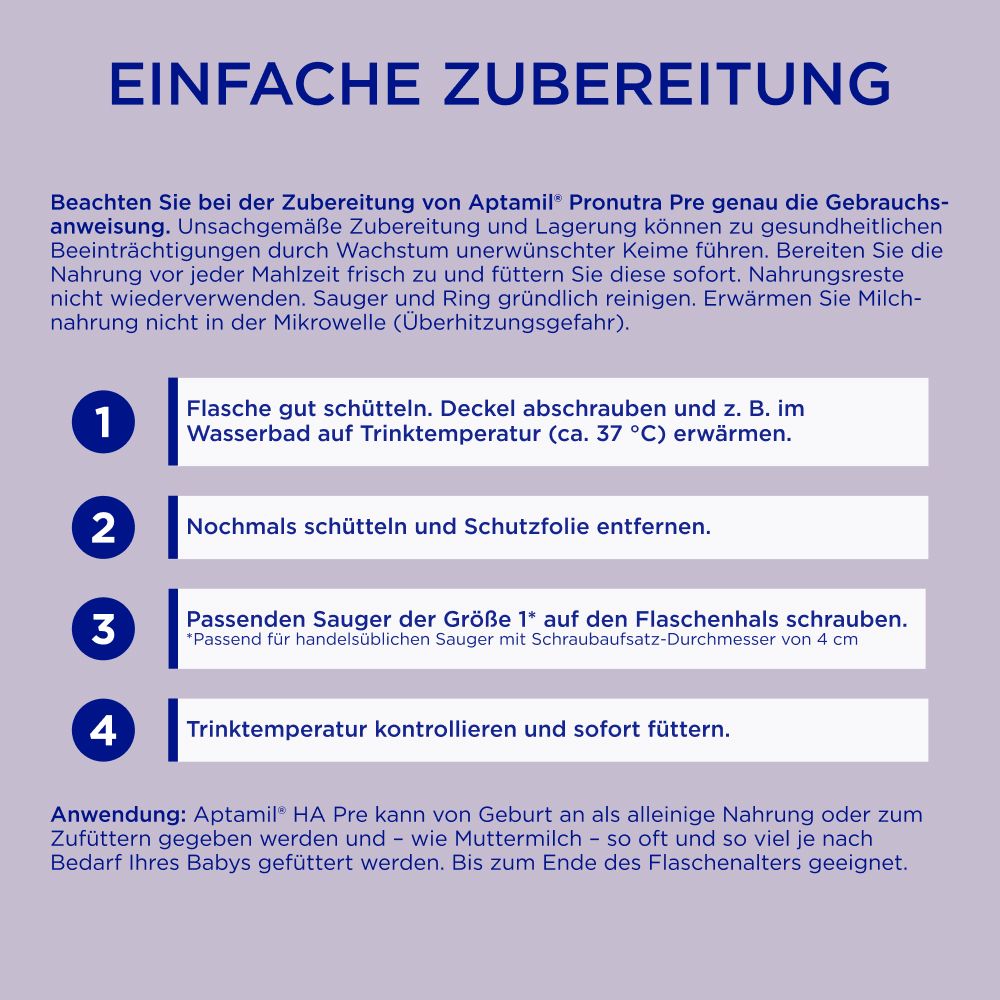 Aptamil HA Pre Verpackung. Einfache Zubereitung, Schritt-für-Schritt-Anleitung. Text und Illustrationen.