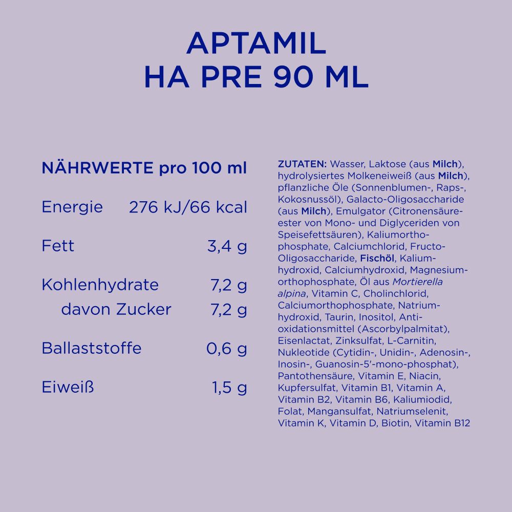 Aptamil HA Pre 90 ml. Nährwerttabelle mit Energie, Fett, Kohlenhydraten, Ballaststoffen und Eiweiß.