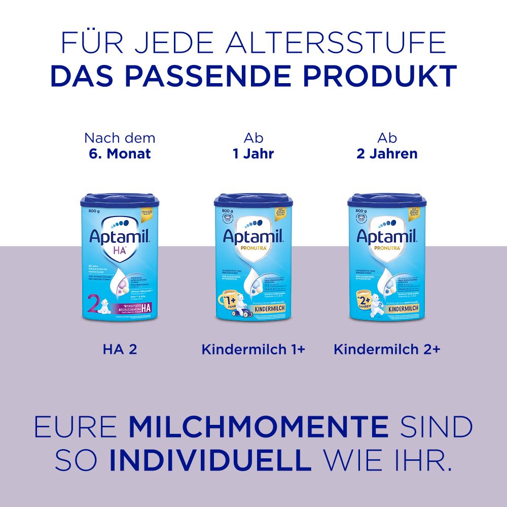 Aptamil Produkte für verschiedene Altersstufen. Dosen mit HA 2, Kindermilch 1+ und 2+.