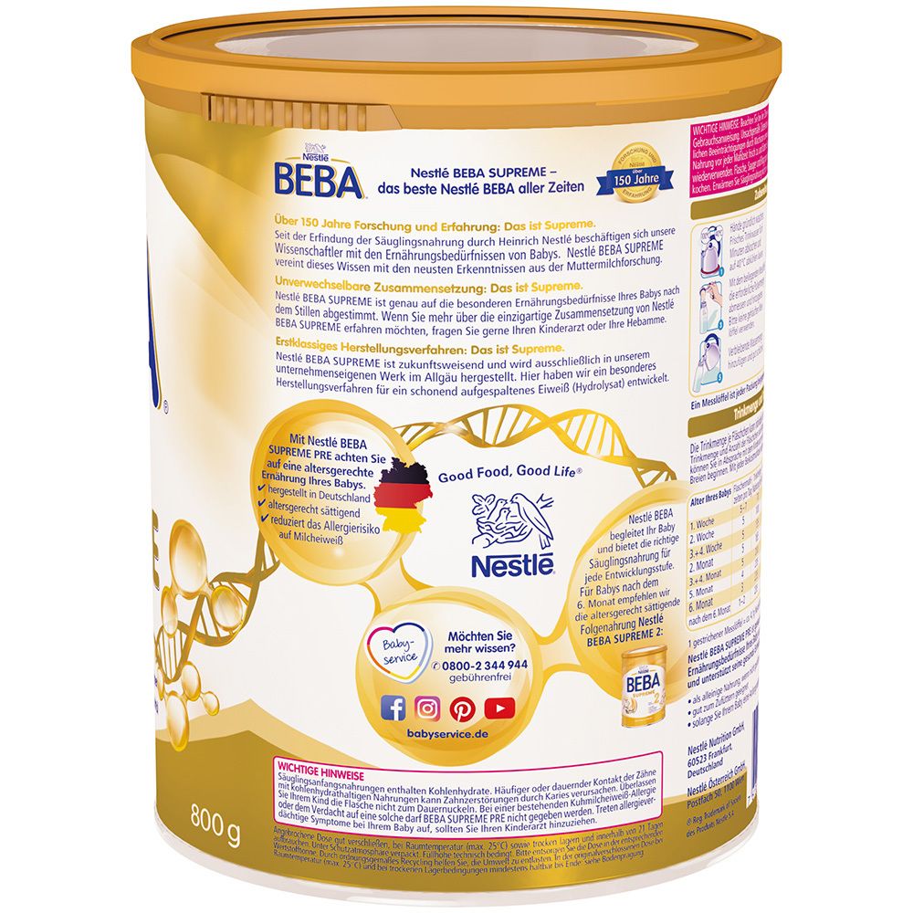 Goldfarbene Dose Nestlé Beba Supreme Pre. Rückseite mit Text, Logo, und 800g Angabe.