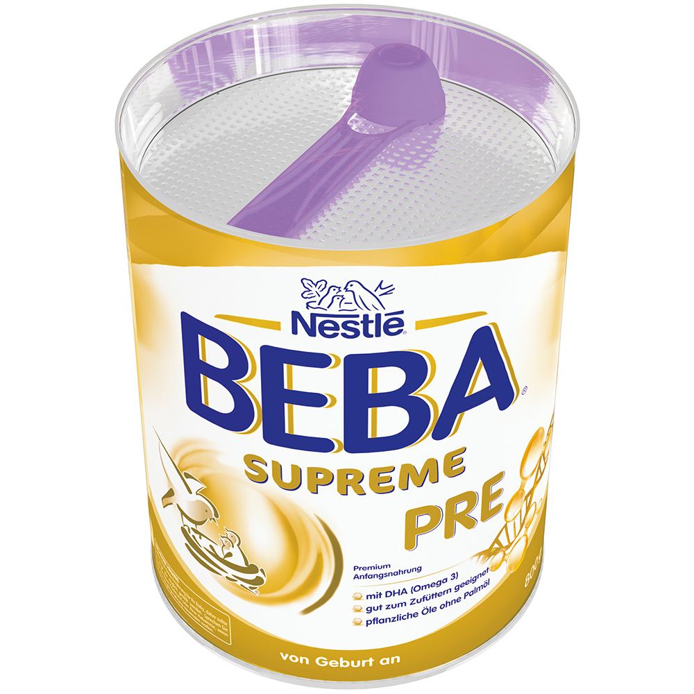 Goldfarbene Dose Nestlé Beba Supreme Pre mit Deckel und Messlöffel. Produktname deutlich sichtbar.