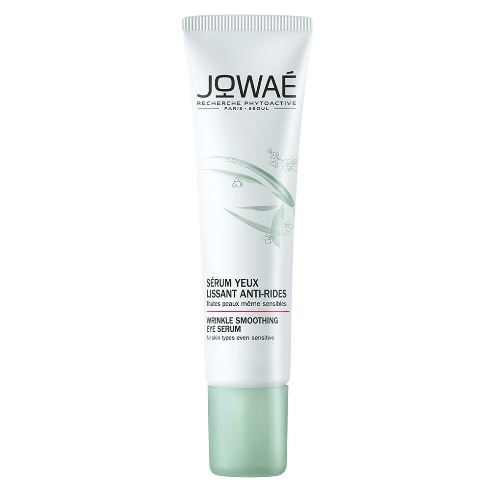 Creme-Tube mit Aufschrift JOWAE. Enthält Augen-Serum. Grün-weiße Farbgebung. Text: SÉRUM YEUX LISSANT ANTI-RIDES.