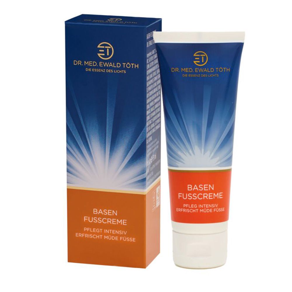 Verpackung und Tube 'BASEN FUSS CREME' von Dr. Ewald Toth, mit strahlenförmigem Design.