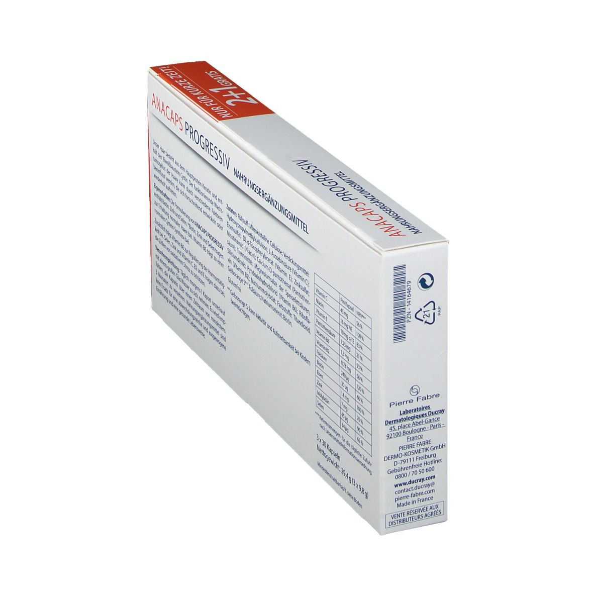 Rückseite der Schachtel DUCRAY Anacaps PROGRESSIV. Text und Nährwertangaben. Herstelleradresse.