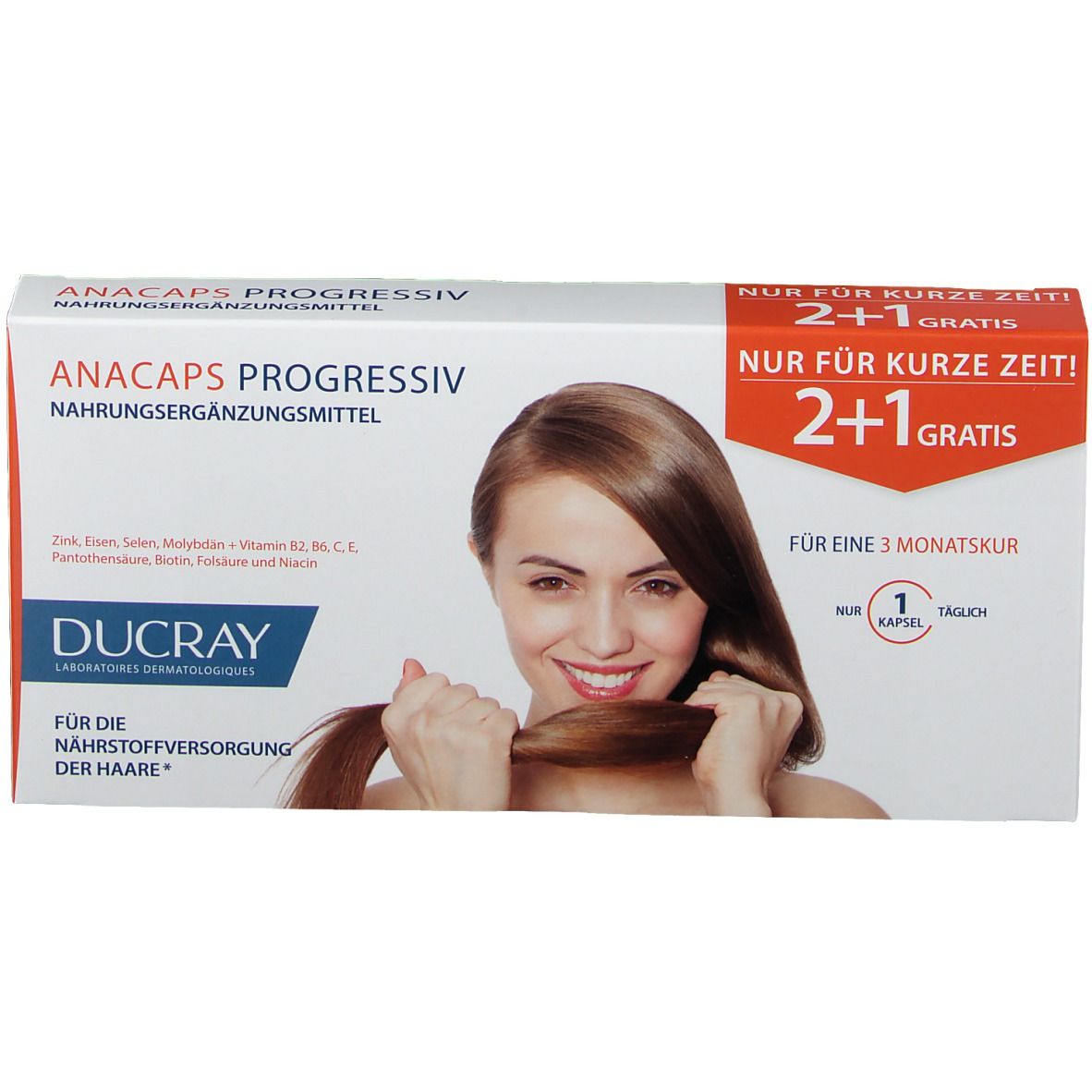 Schachtel DUCRAY Anacaps PROGRESSIV. Frau mit Haaren. Aufdrucke: 2+1 gratis, für 3-Monatskur, 1 Kapsel täglich.