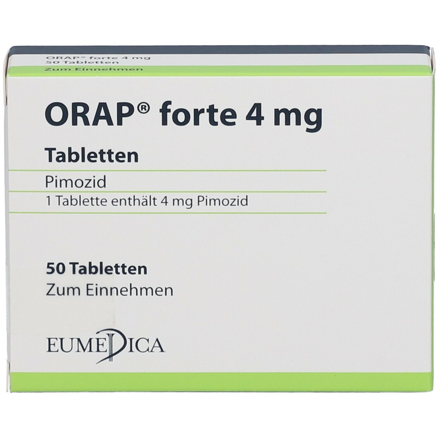 Orap forte 4 mg Tabletten-Packung. Enthält 50 Tabletten. EUMEDICA-Logo. Aufschrift: Pimozid, 4 mg.