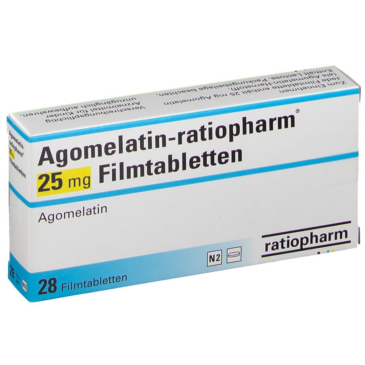 Medikamentenverpackung. Aufschrift: Agomelatin-ratiopharm 25 mg Filmtabletten. 28 Filmtabletten. ratiopharm Logo. Schrägansicht.