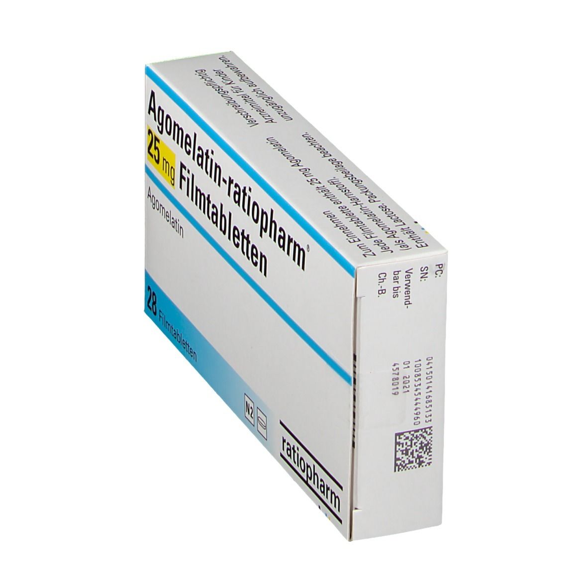 Medikamentenverpackung. Aufschrift: Agomelatin-ratiopharm 25 mg Filmtabletten. 28 Filmtabletten. ratiopharm Logo. Schrägansicht.