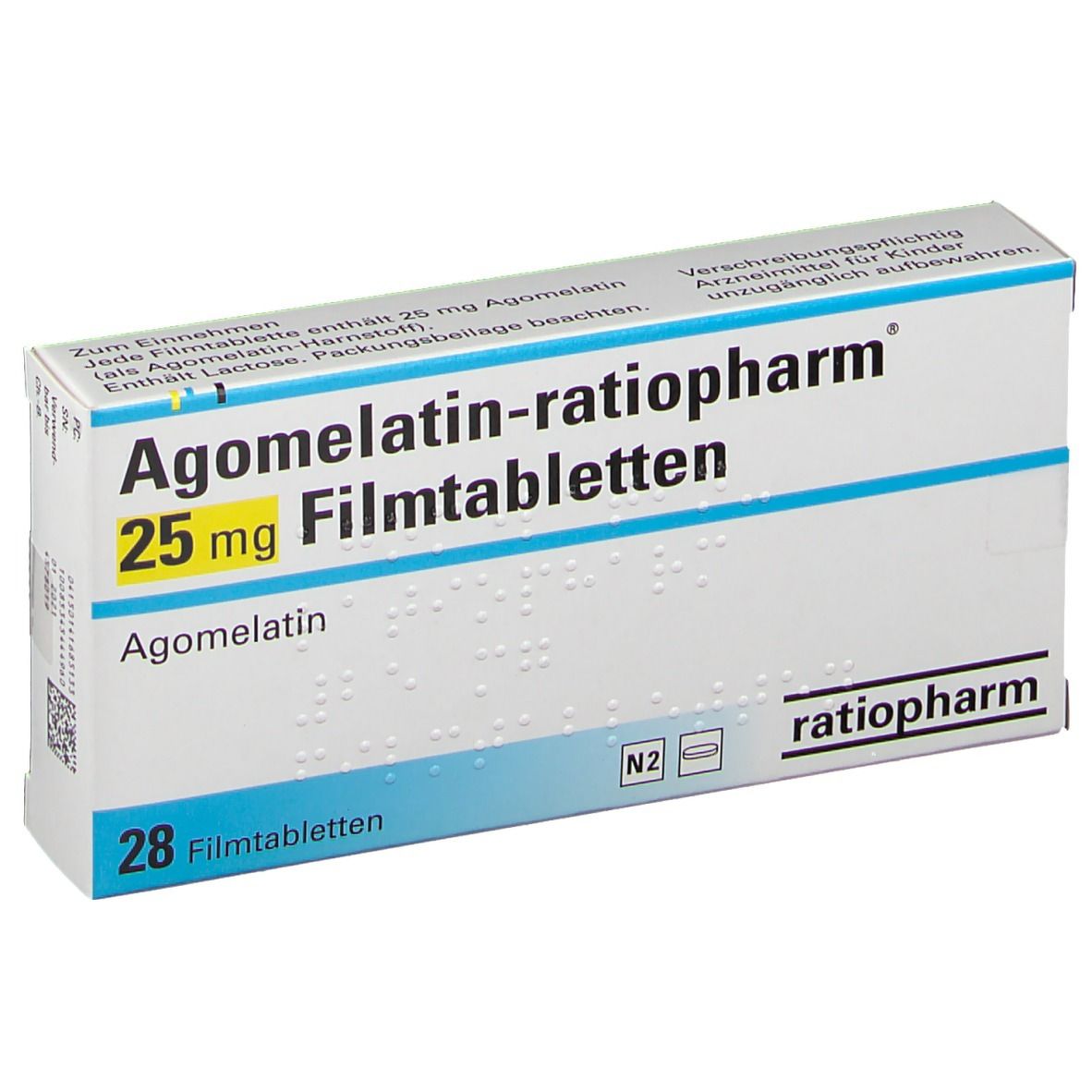 Medikamentenverpackung. Aufschrift: Agomelatin-ratiopharm 25 mg Filmtabletten. 28 Filmtabletten. ratiopharm Logo. Schrägansicht.
