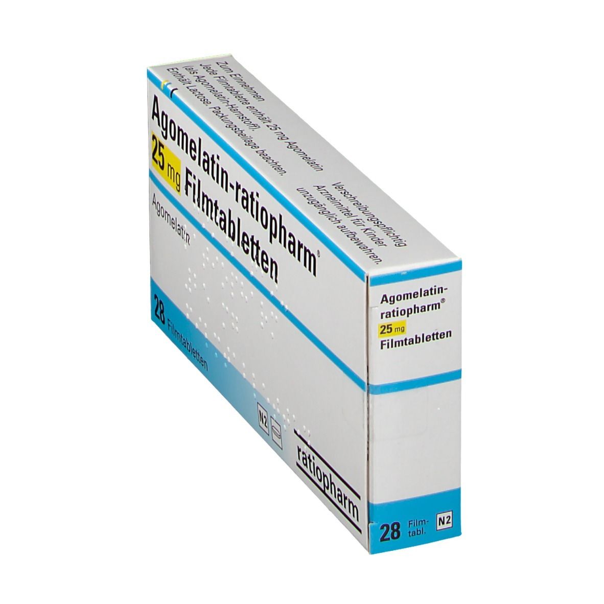 Medikamentenverpackung. Aufschrift: Agomelatin-ratiopharm 25 mg Filmtabletten. 28 Filmtabletten. ratiopharm Logo. Schrägansicht.