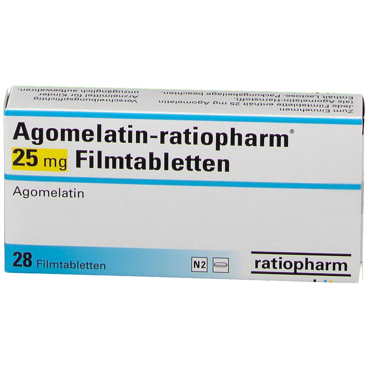Medikamentenverpackung. Aufschrift: Agomelatin-ratiopharm 25 mg Filmtabletten. 28 Filmtabletten. ratiopharm Logo.