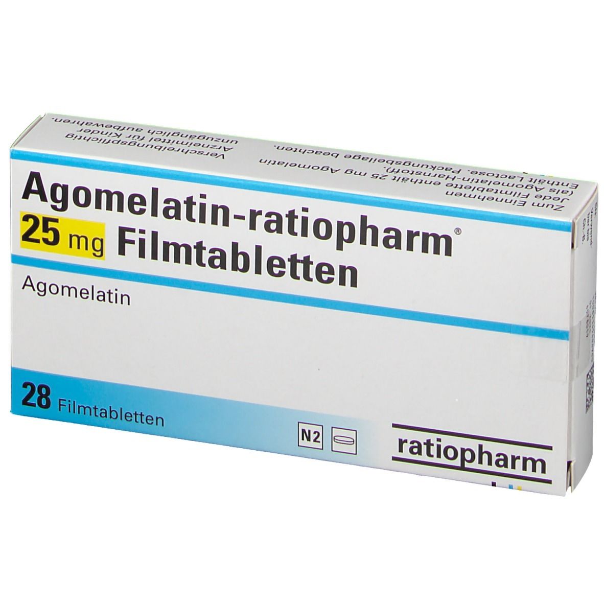 Medikamentenverpackung. Aufschrift: Agomelatin-ratiopharm 25 mg Filmtabletten. 28 Filmtabletten. ratiopharm Logo. Schrägansicht.