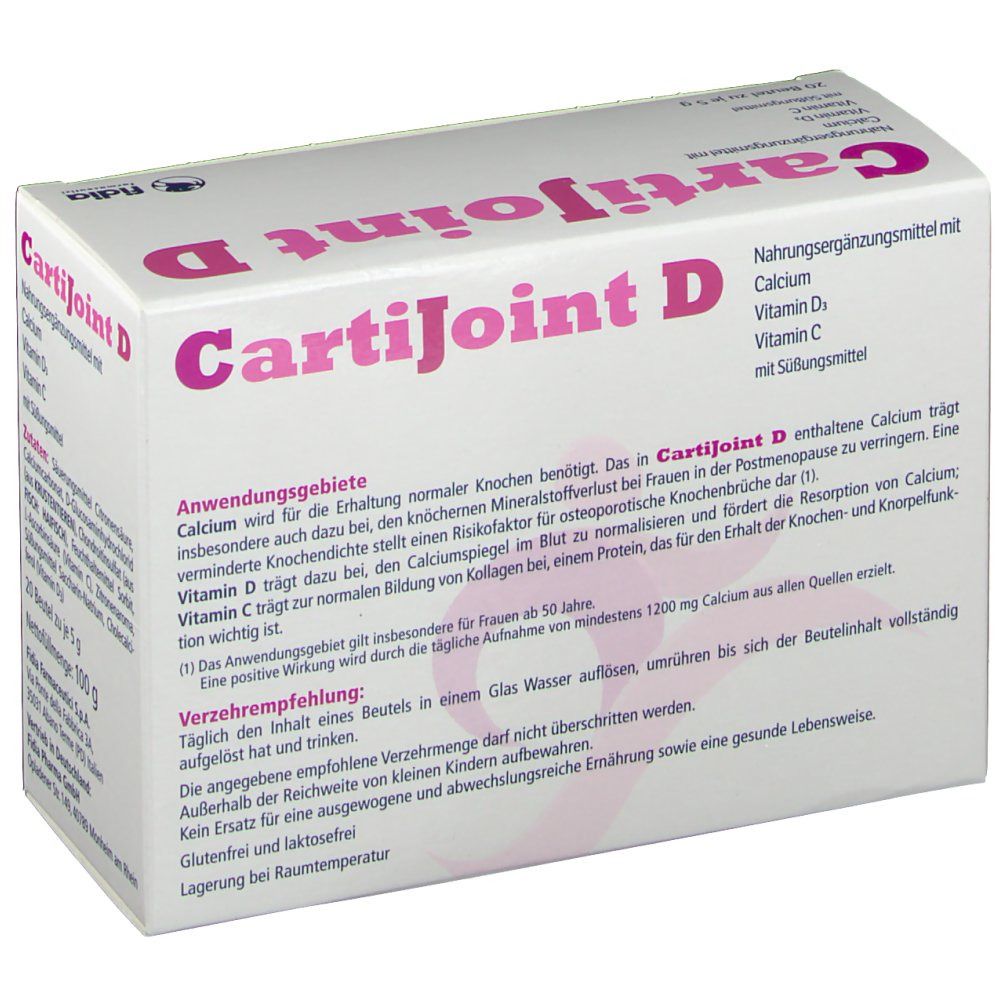 CartiJoint D-Verpackung. Text über Anwendung und Inhaltsstoffe. Aufschrift: Calcium, Vitamin D, Vitamin C. Fidia-Logo.