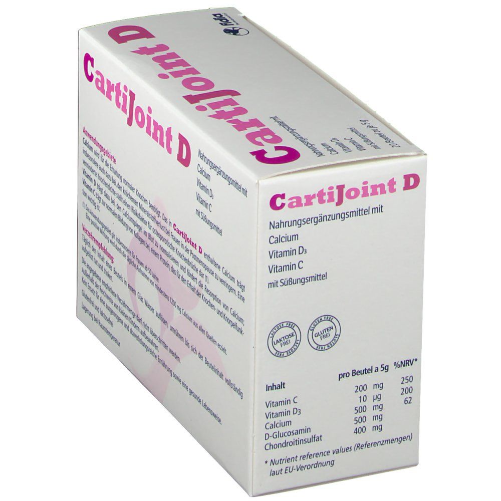 CartiJoint D-Verpackung. Enthält Nährwertangaben. Aufschrift: Calcium, Vitamin D, Vitamin C. Glutenfrei-Siegel. Fidia-Logo.