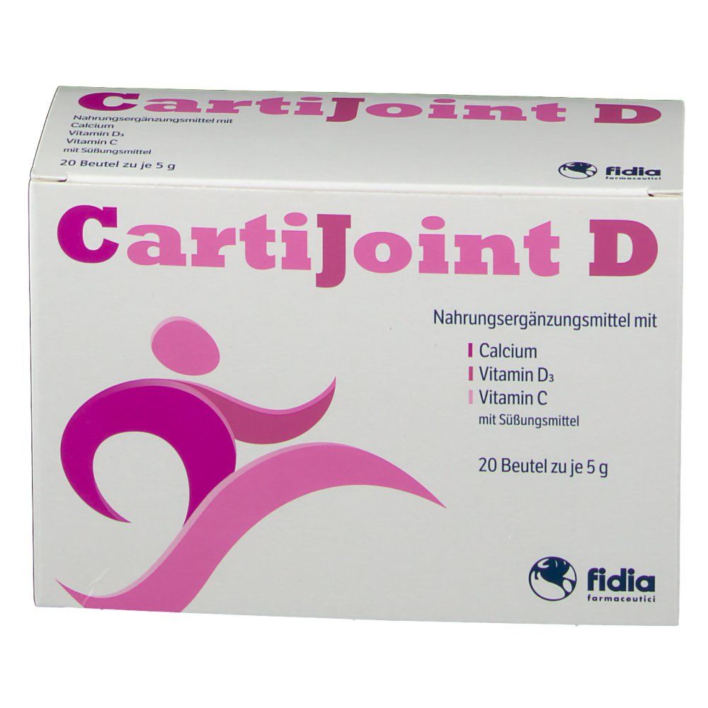 CartiJoint D-Verpackung. Enthält 20 Beutel. Aufschrift: Calcium, Vitamin D, Vitamin C. Fidia-Logo. Abbildung einer Person.